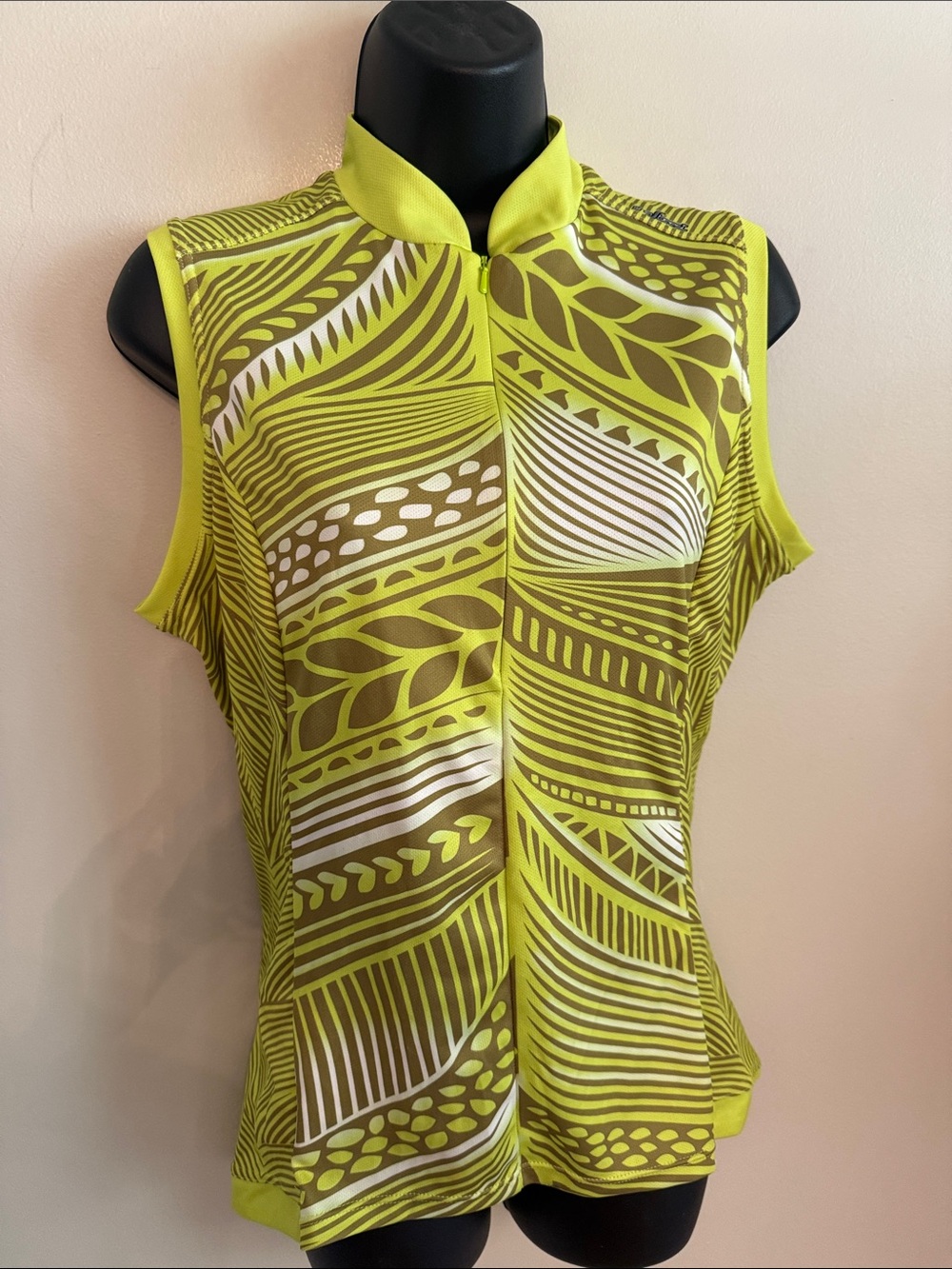 shebeest Lime Green and White Sleeveless Mock-Neck cycling Jersey top Large